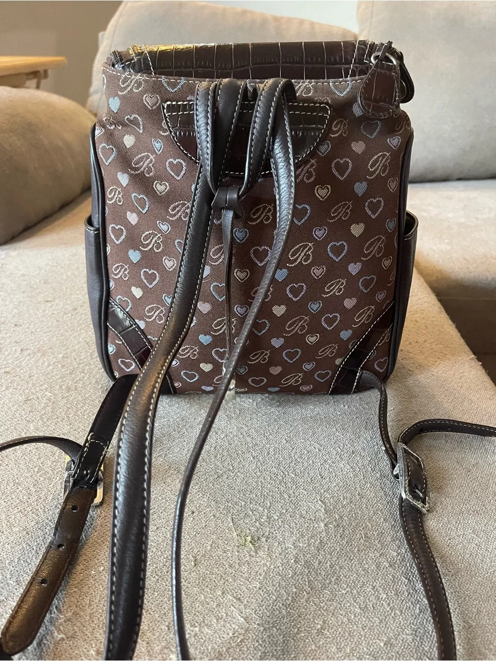 Brown Heart-Print Mini Backpack with Croc-Texture Flap